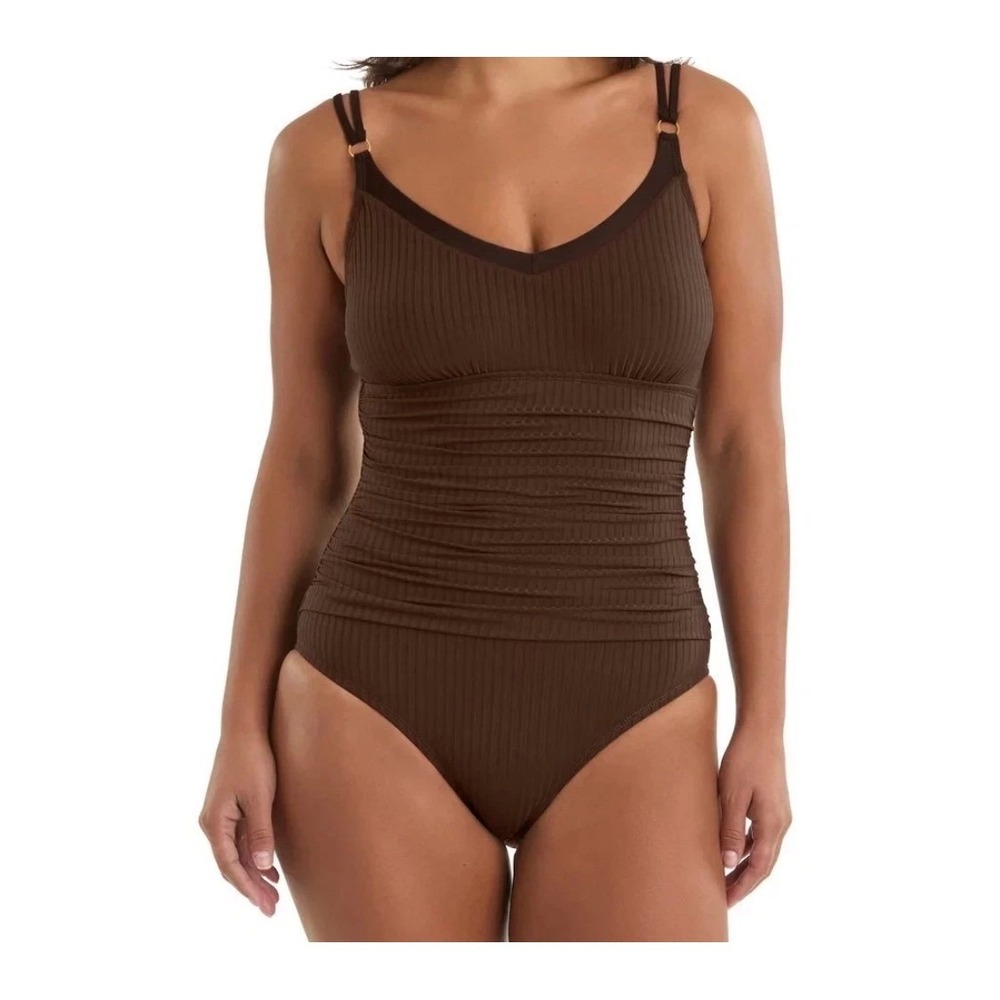Ellen Tracy Brown Ribbed One Piece Swimsuit Shirred Midsection UPF 50+ NWT M